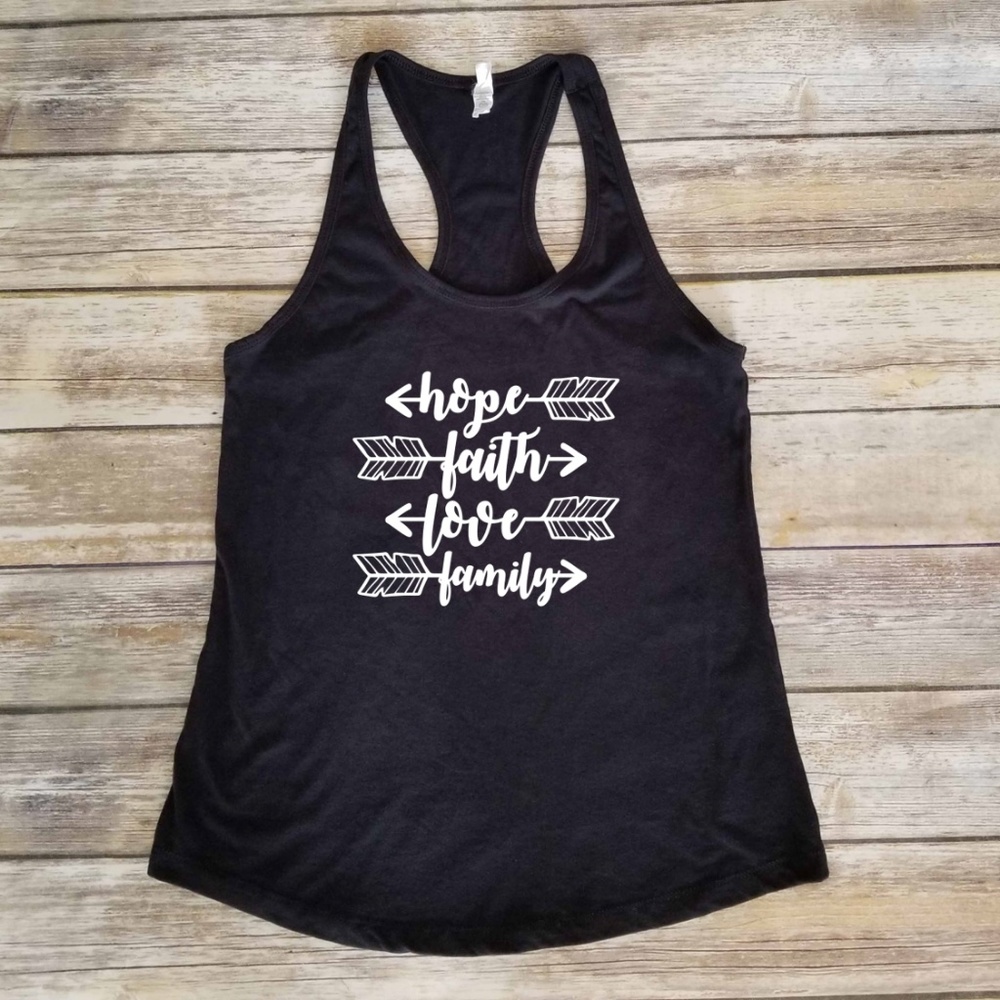 Hope. Faith. Love. Family. Arrows black tank top